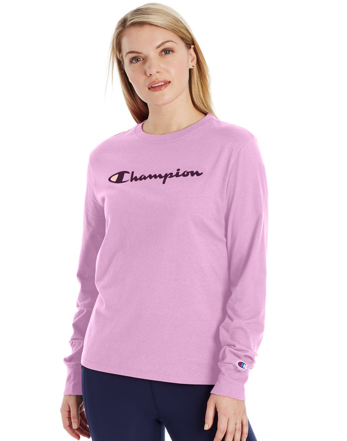 Champion Dame T-Shirts Lyserød - Classic Long-Sleeve Script Logo - Danmark YVE-647598